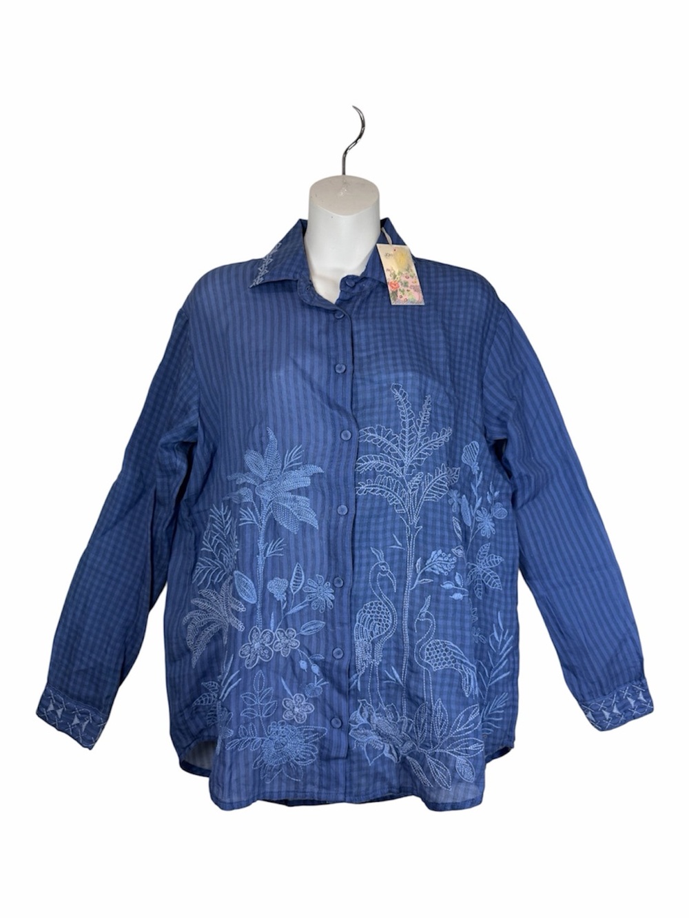 Johnny Was Button Down Shirt Blue Tropical Botanical Embroidered S Long Sleeve